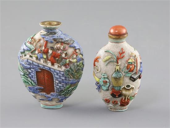 Two Chinese enamelled and moulded porcelain snuff bottles, Jiaqing porcelain four character marks and of the period (1796-1820) H. 7.3